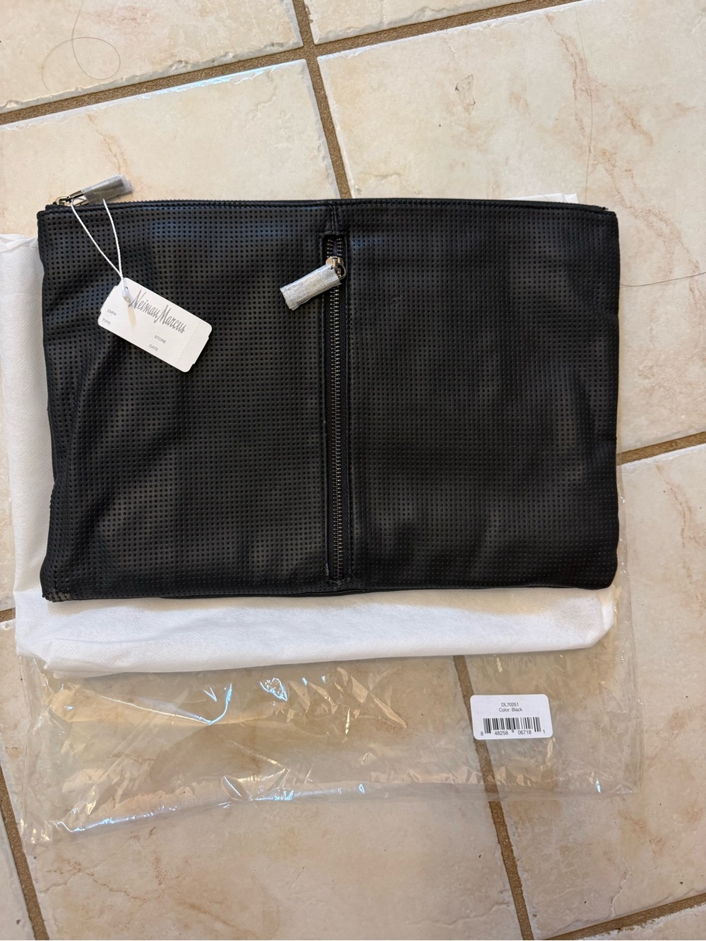 Neiman Marcus Designer Black Perforated Leather Zip Clutch